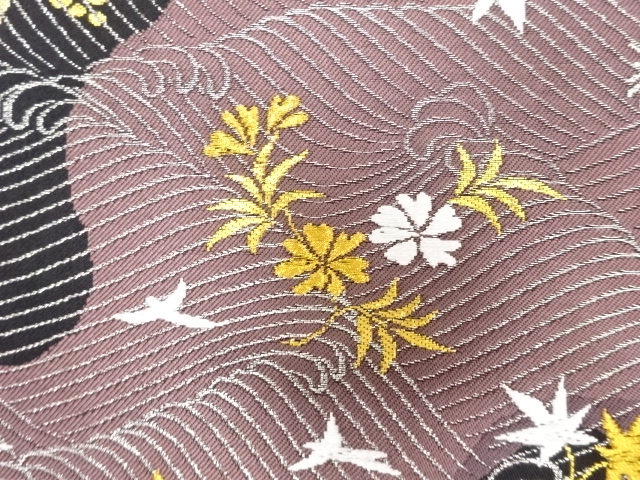  誉田屋源兵衛　小石丸　純金　荒波に花鳥模様織り出し　袋帯